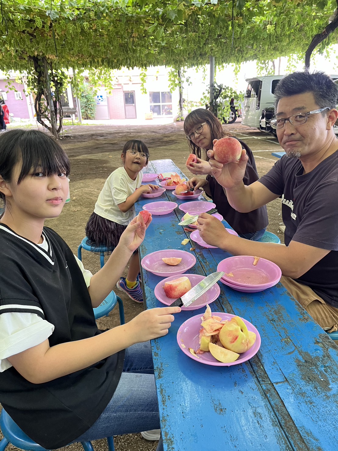 涼しい木陰で冷え冷えの桃を食べ放題